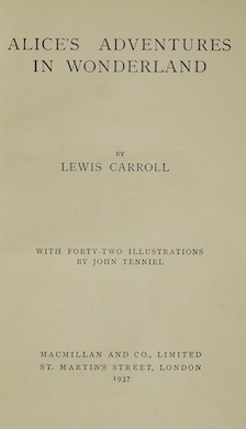 Carroll, Lewis – Alice's Adventures in Wonderland, ill. Tenniel, 1937, Bayntun and Riviere gilt crushed blue morocco with presentation to Group Captain R.W.G.Lywood, Empire Flying School, 1944